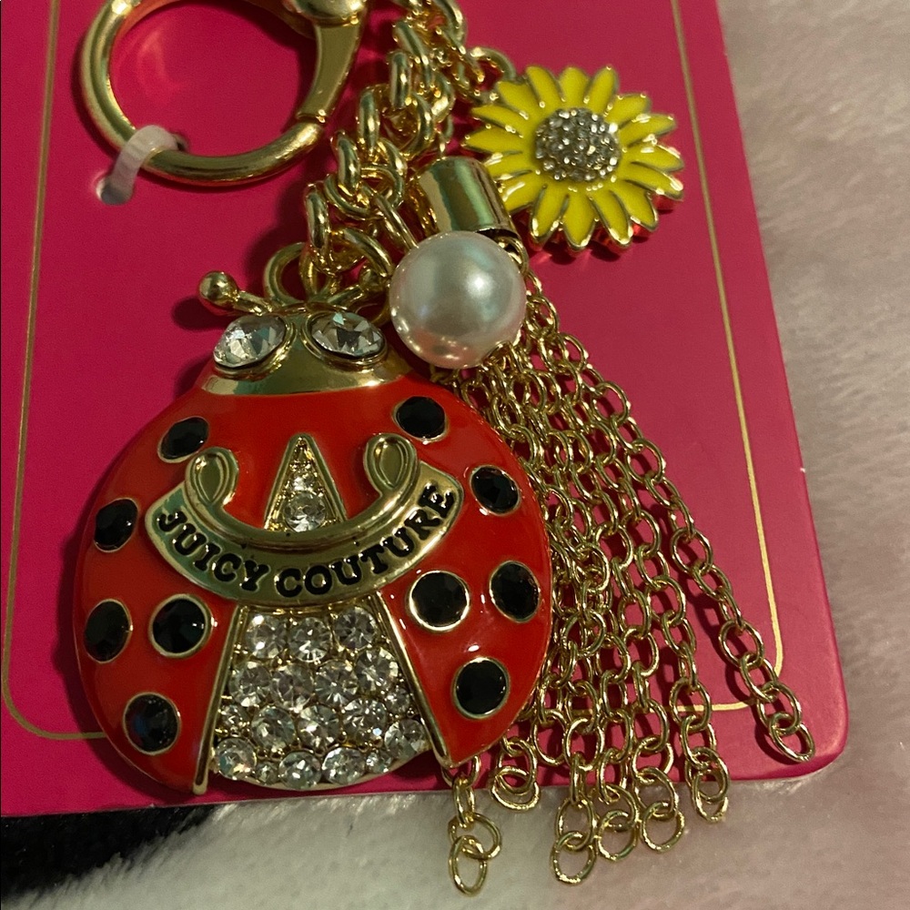 Juicy Couture Gold-Tone Red Ladybug Keychain with Sunflower and Pearl Charms